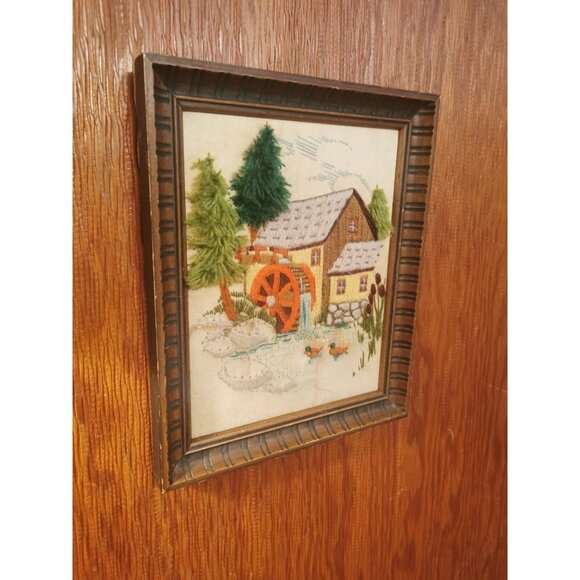 Framed Embroidery, Old Mill on a Stream, c.1970's Stitch Art - Picture 4 of 7